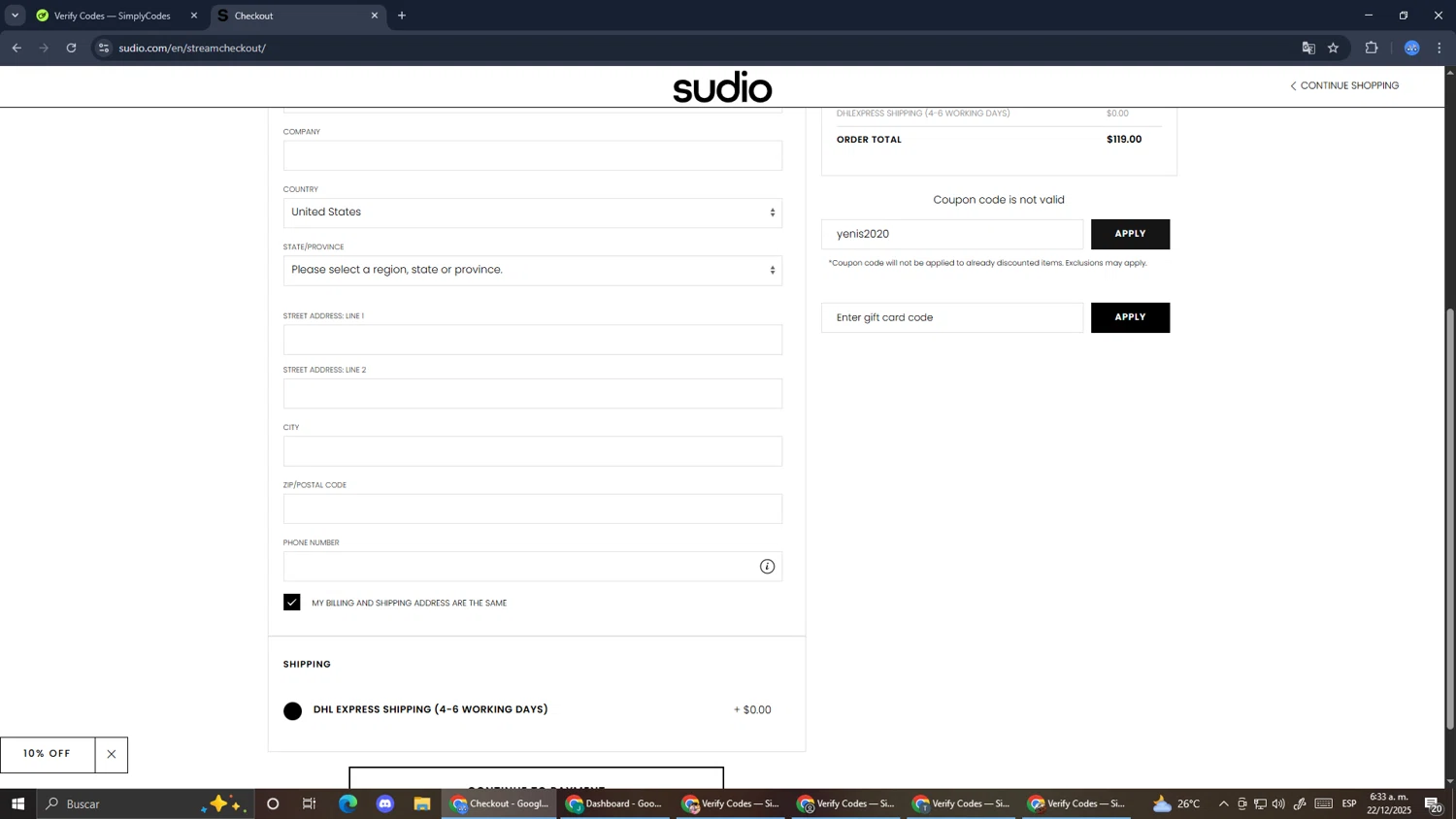 Sudio promo code screenshot showing code yenis2020 applied at Sudio checkout page. Uploaded by SimplyCodes community member RoyalExpert3857 on Dec 22, 2025