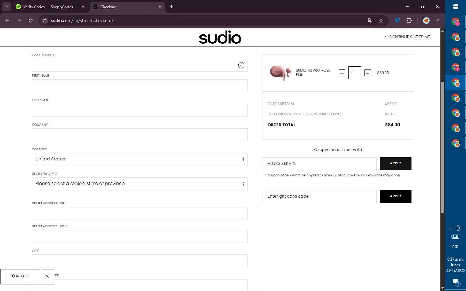 Sudio promo code screenshot showing code PLUSSIZEKAYL applied at Sudio checkout page. Uploaded by SimplyCodes community member PromoVoyager8446 on Dec 22, 2025