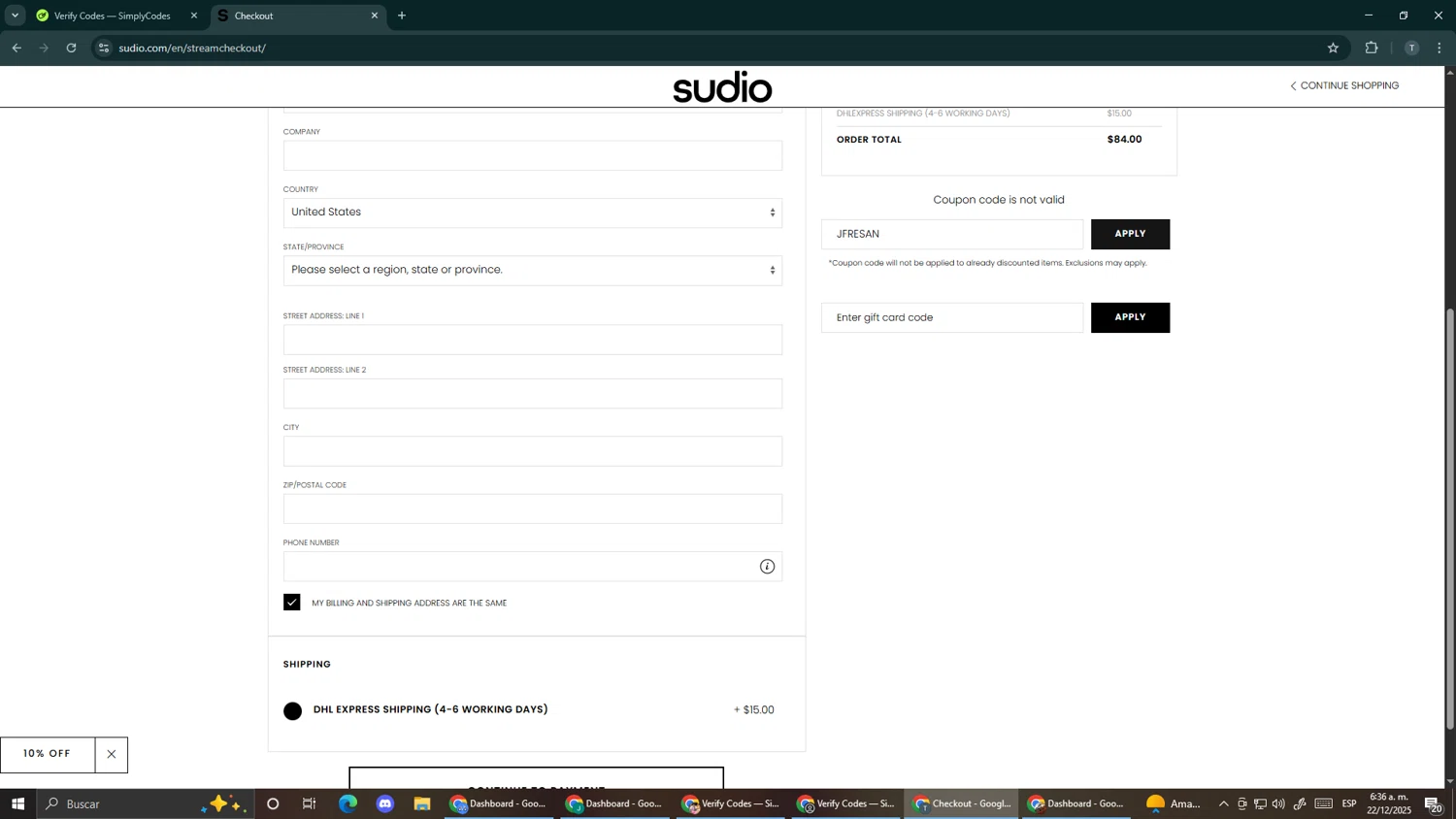 Sudio promo code screenshot showing code JFRESAN applied at Sudio checkout page. Uploaded by SimplyCodes community member Makemusic on Dec 22, 2025