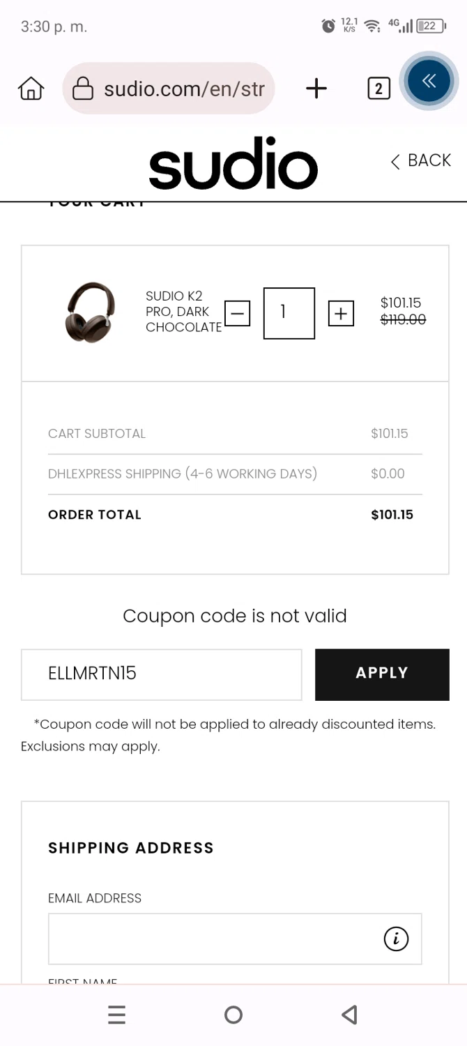 Sudio discount code screenshot showing code ELLMRTN15 applied at Sudio checkout page. Uploaded by SimplyCodes community member Anthony_Diaz on Nov 4, 2025
