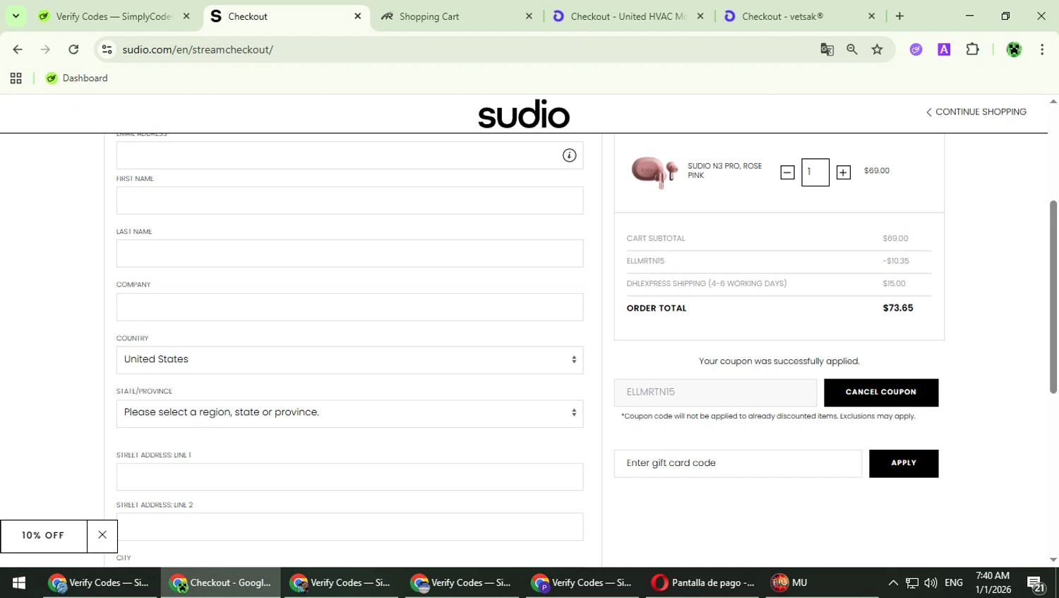 Sudio checkout page showing Sudio discount code box | Screenshot taken by SimplyCodes community member on Jan 1, 2026