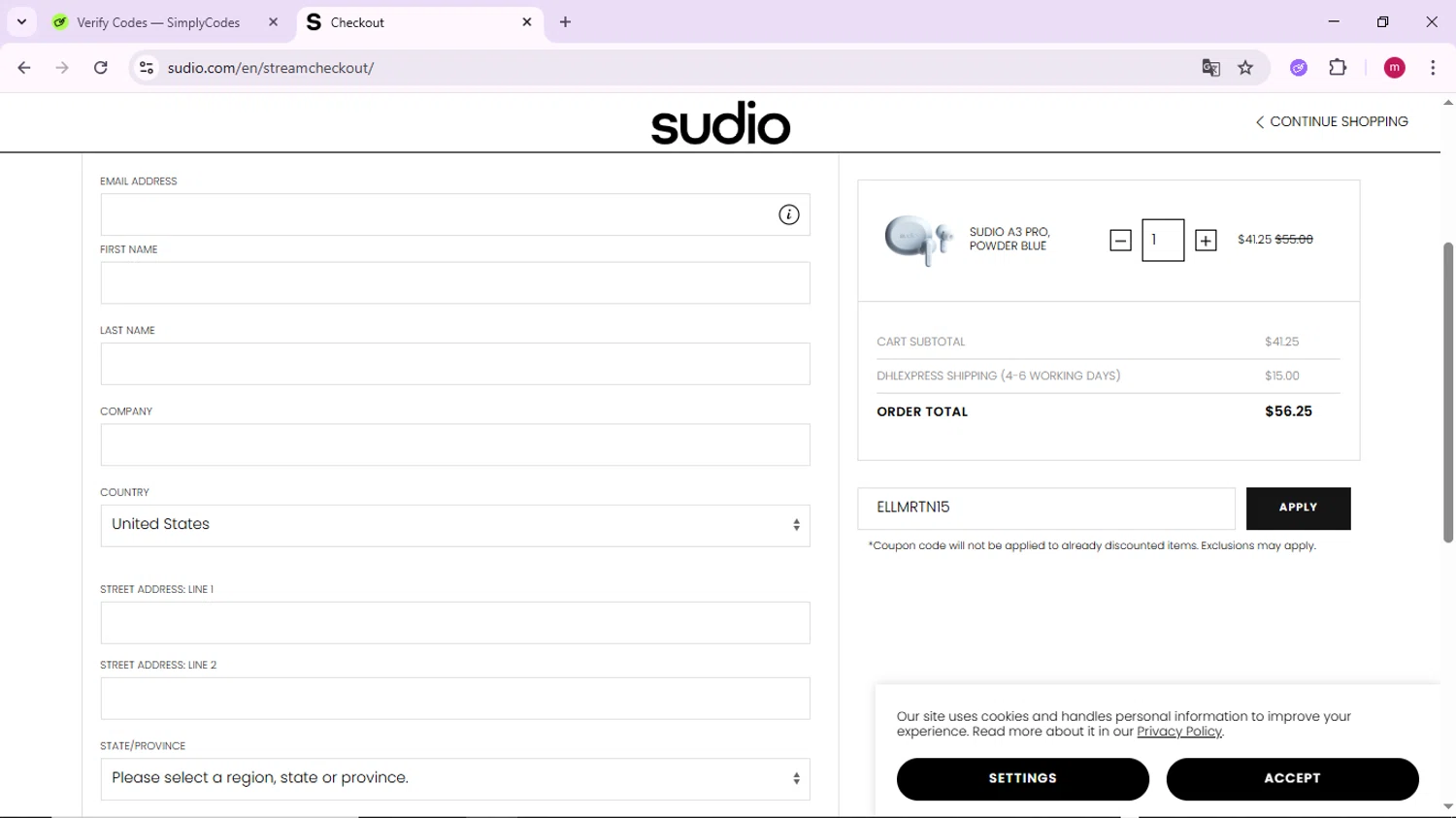 Sudio discount code screenshot showing code ELLMRTN15 applied at Sudio checkout page. Uploaded by SimplyCodes community member PrimeSage7080 on Nov 4, 2025