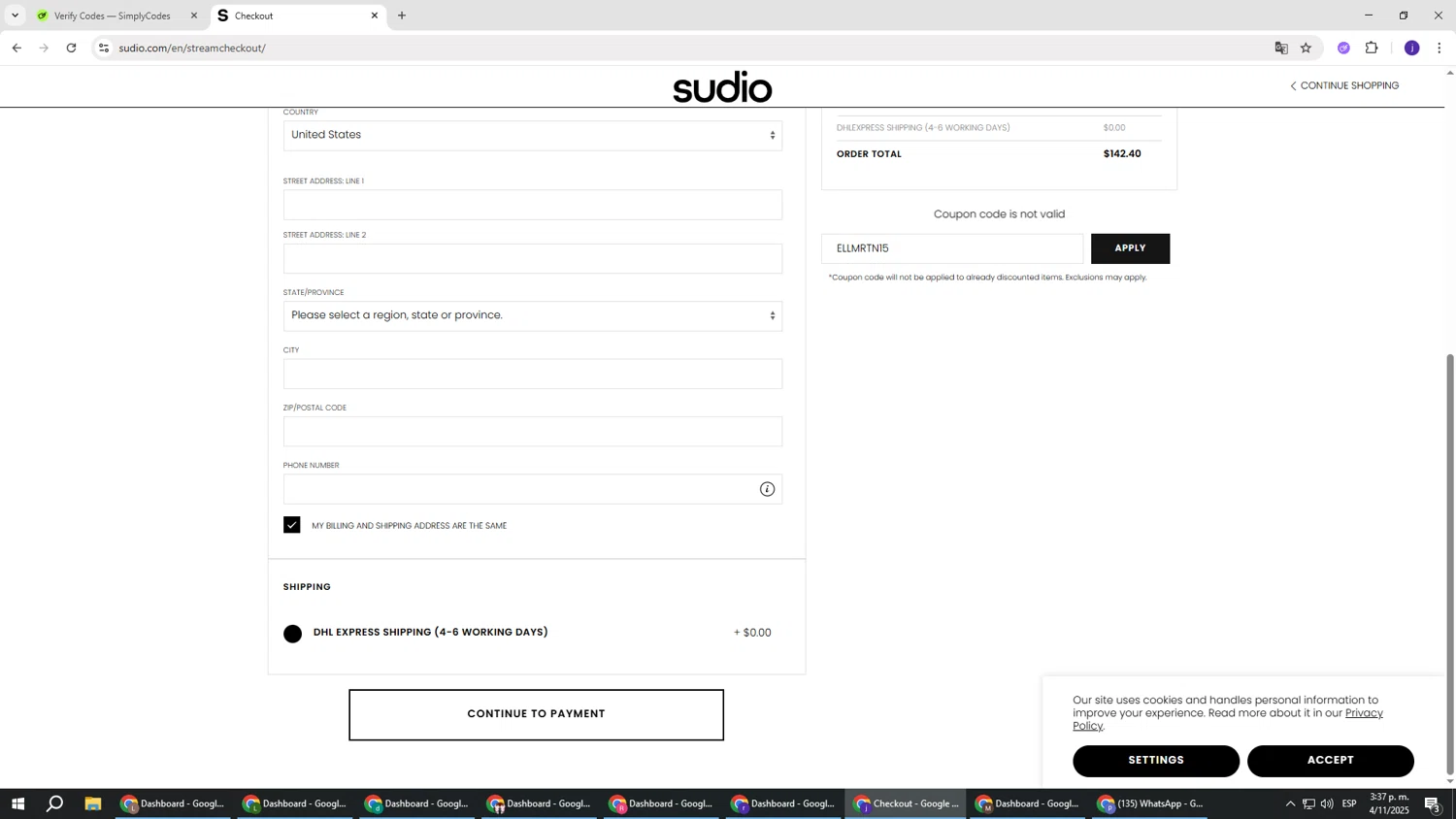 Sudio discount code screenshot showing code ELLMRTN15 applied at Sudio checkout page. Uploaded by SimplyCodes community member simplycodesssss on Nov 4, 2025