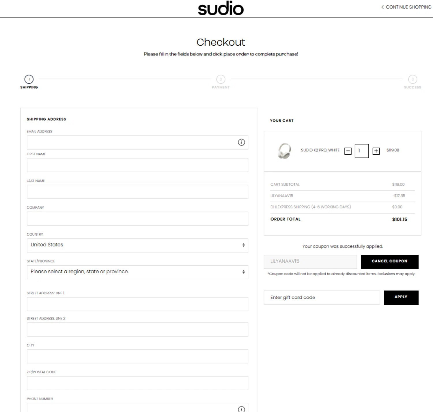 Sudio discount code screenshot showing code LILYANAAV15 applied at Sudio checkout page. Uploaded by SimplyCodes community member reggiesmith on Jan 8, 2026