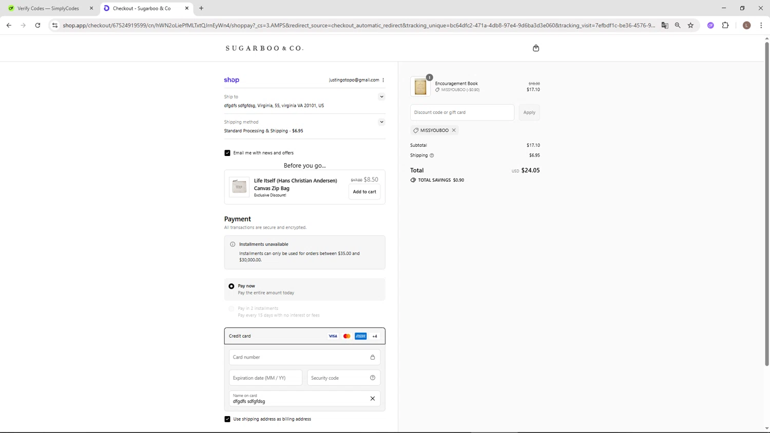 Sugarboo and Co discount code screenshot showing code MISSYOUBOO applied at Sugarboo and Co checkout page. Uploaded by SimplyCodes community member BENELLI on Sep 10, 2025