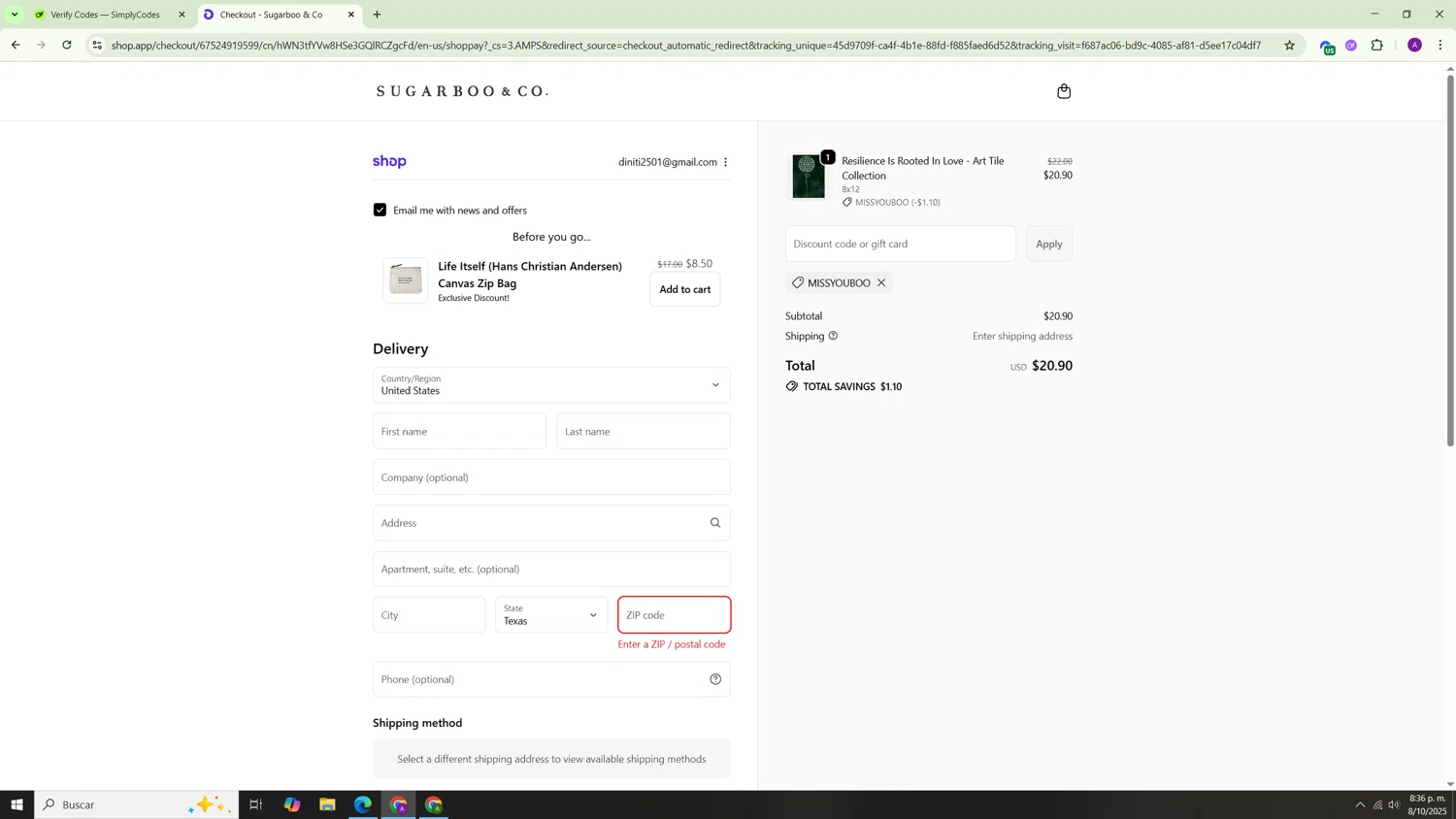 Sugarboo and Co discount code screenshot showing code MISSYOUBOO applied at Sugarboo and Co checkout page. Uploaded by SimplyCodes community member Hasta_El_Final on Oct 9, 2025