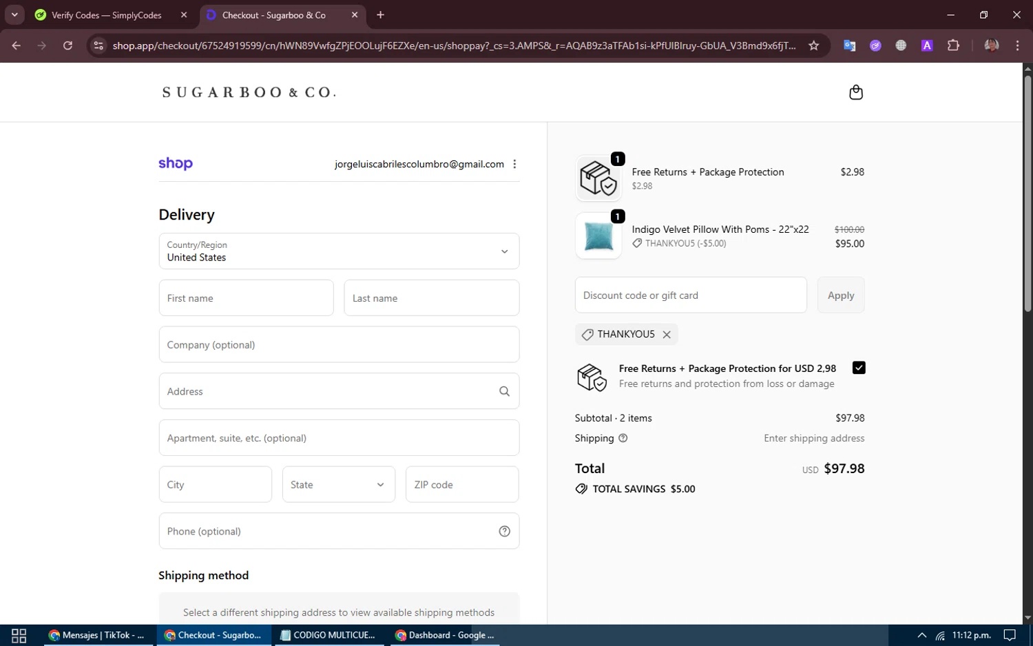 Sugarboo and Co discount code screenshot showing code THANKYOU5 applied at Sugarboo and Co checkout page. Uploaded by SimplyCodes community member LuckyEagle8698 on Jan 29, 2026