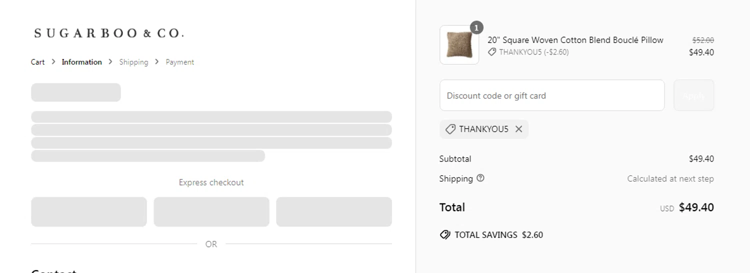 Sugarboo and Co discount code screenshot showing code THANKYOU5 applied at Sugarboo and Co checkout page. Uploaded by SimplyCodes community member yeresojperez on Jun 14, 2025