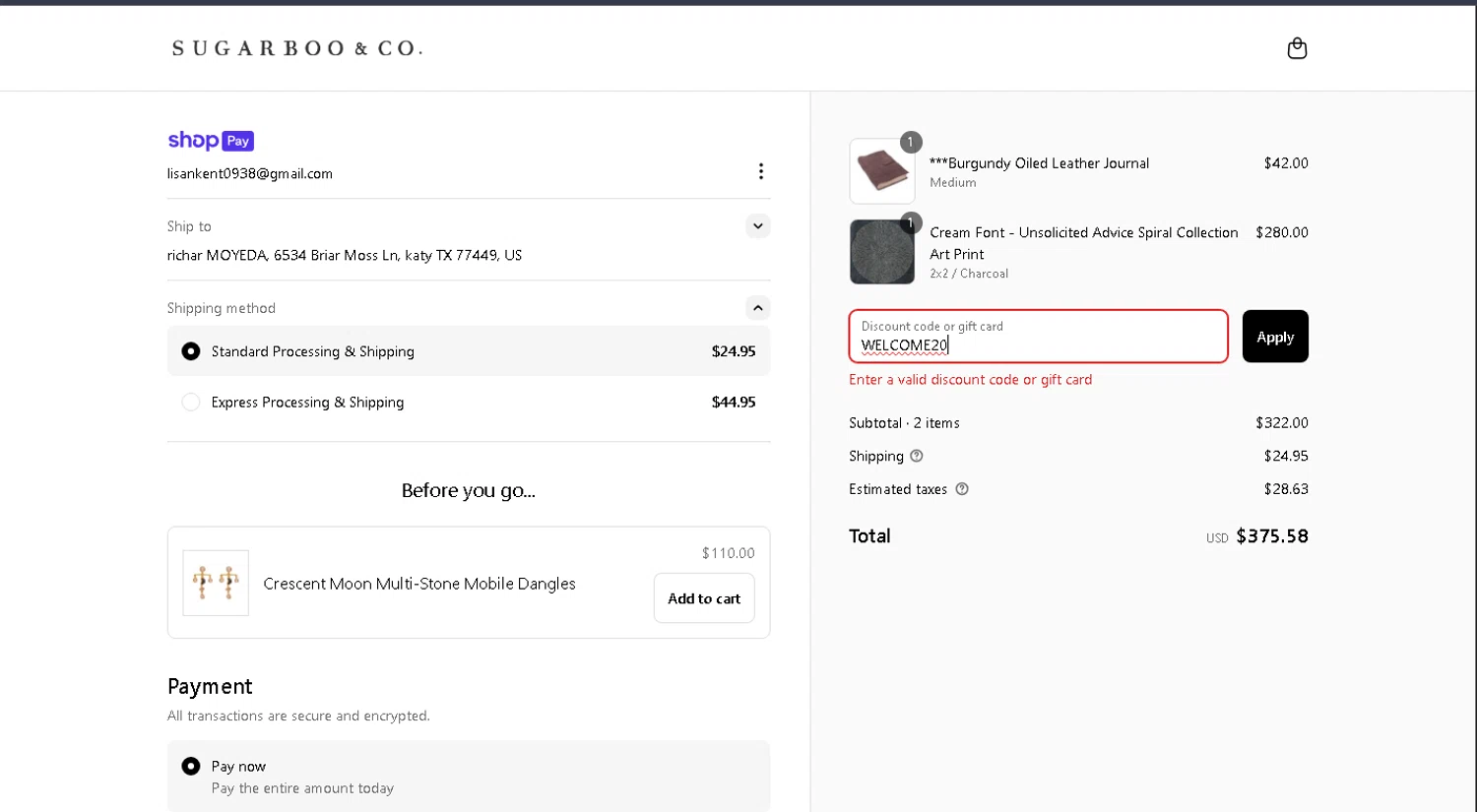 Sugarboo and Co discount code screenshot showing code WELCOME20 applied at Sugarboo and Co checkout page. Uploaded by SimplyCodes community member carlosra07 on May 21, 2025