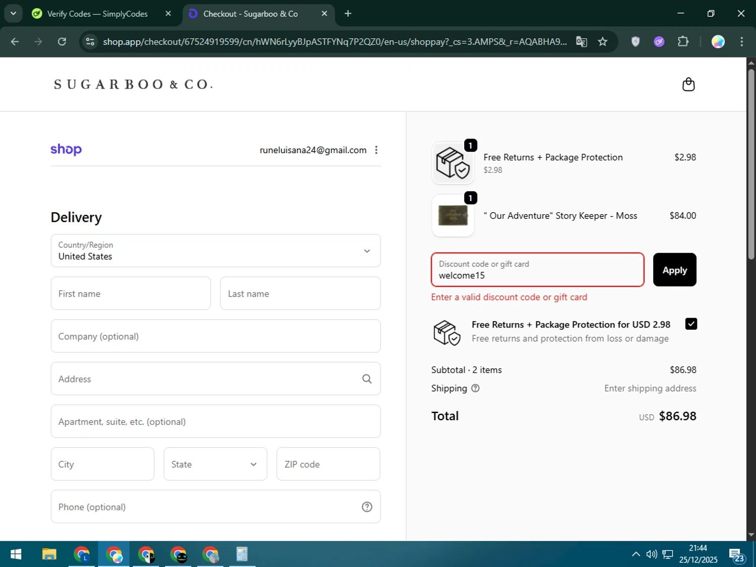 Sugarboo and Co discount code screenshot showing code welcome15 applied at Sugarboo and Co checkout page. Uploaded by SimplyCodes community member Estrellitacoairis on Dec 26, 2025