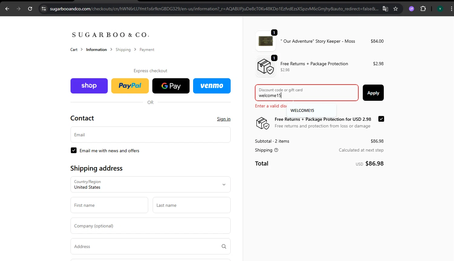 Sugarboo and Co discount code screenshot showing code welcome15 applied at Sugarboo and Co checkout page. Uploaded by SimplyCodes community member MightyLynx459 on Dec 26, 2025