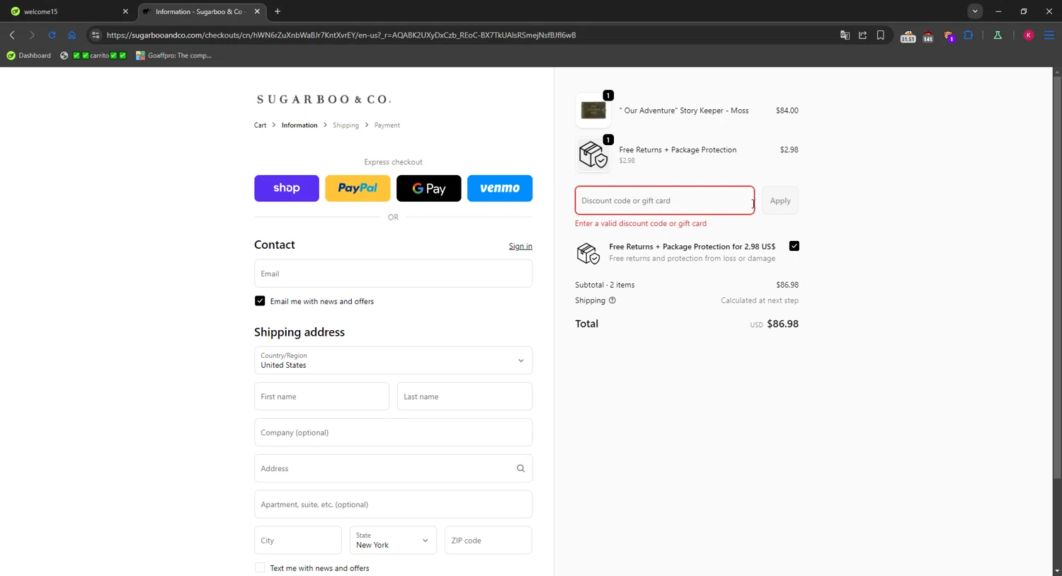 Sugarboo and Co discount code screenshot showing code welcome15 applied at Sugarboo and Co checkout page. Uploaded by SimplyCodes community member RewardMaverick6941 on Dec 26, 2025