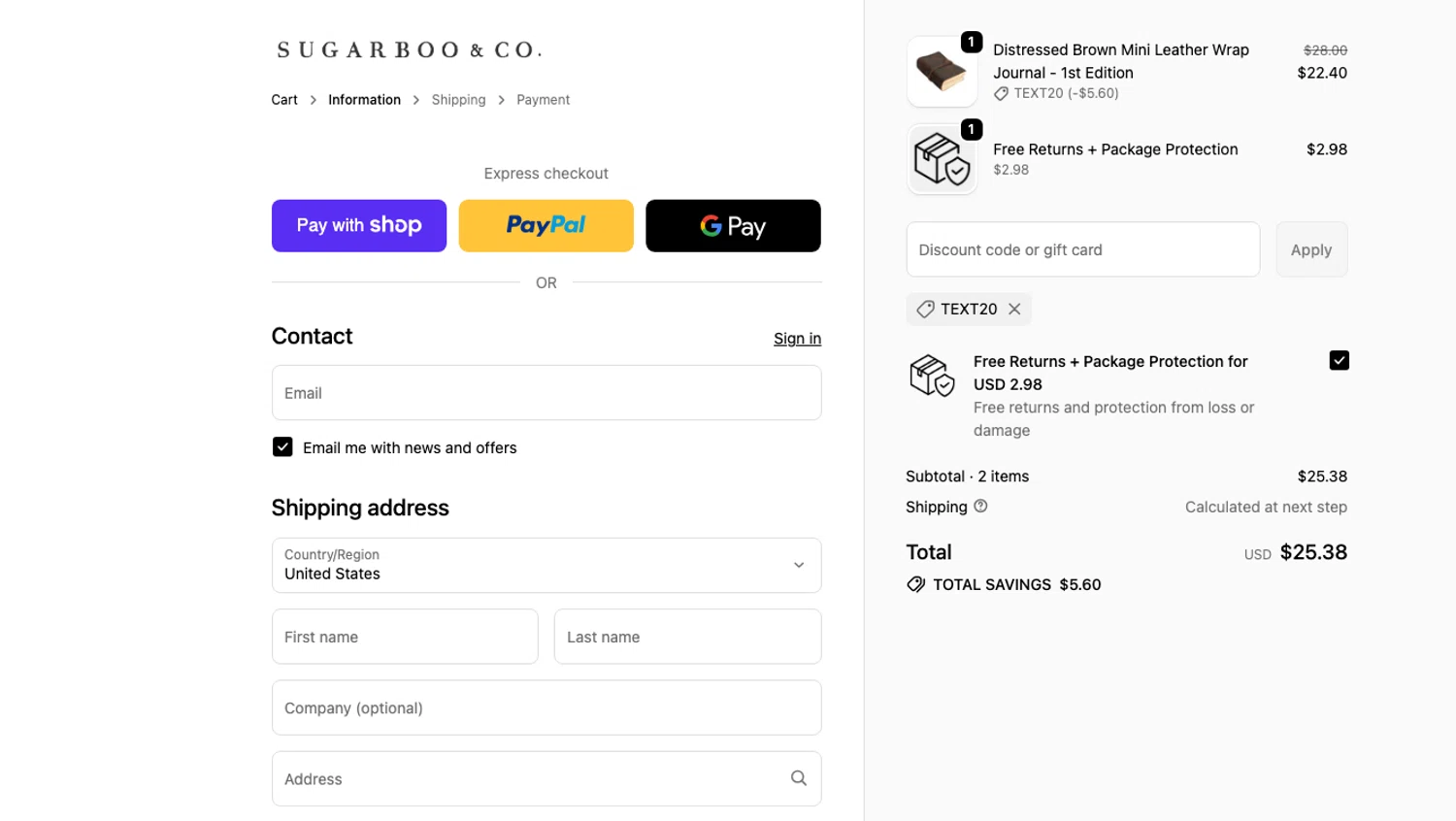 Sugarboo and Co discount code screenshot showing code text20 applied at Sugarboo and Co checkout page. Uploaded by SimplyCodes community member ELOIN777 on Jan 7, 2026