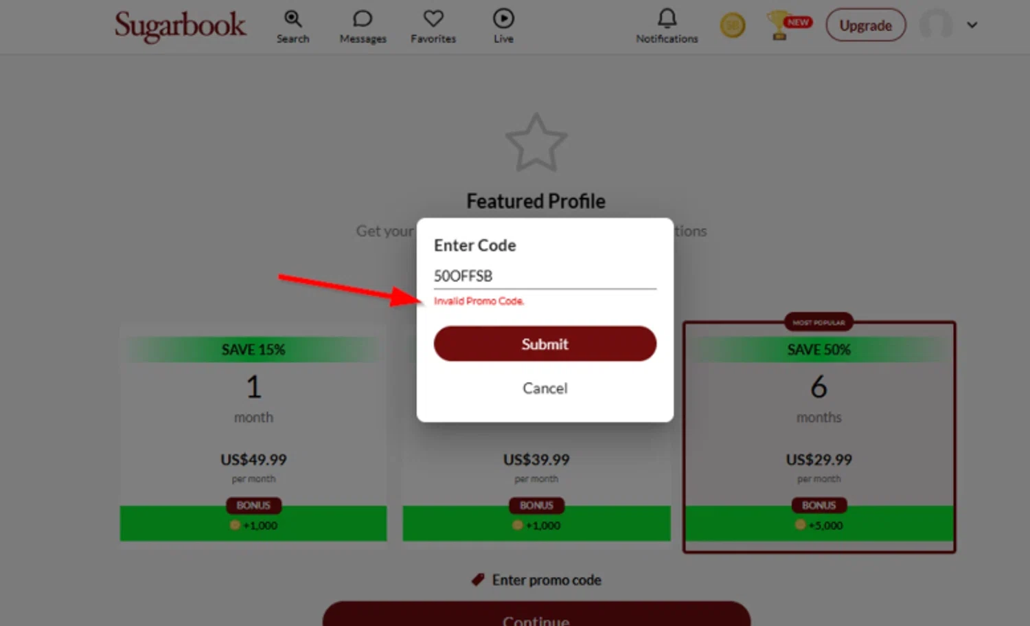 Sugarbook promo code screenshot showing code 50OFFSB applied at Sugarbook checkout page. Uploaded by SimplyCodes community member SimplyCVerlie on Feb 27, 2025