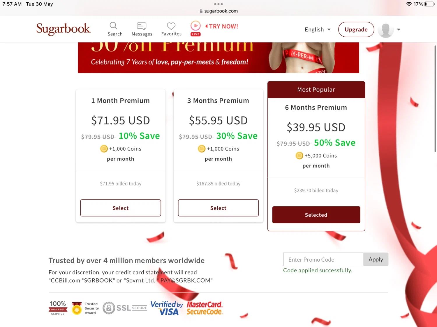 Sugarbook checkout page showing Sugarbook promo code box | Screenshot taken by SimplyCodes community member on May 30, 2023