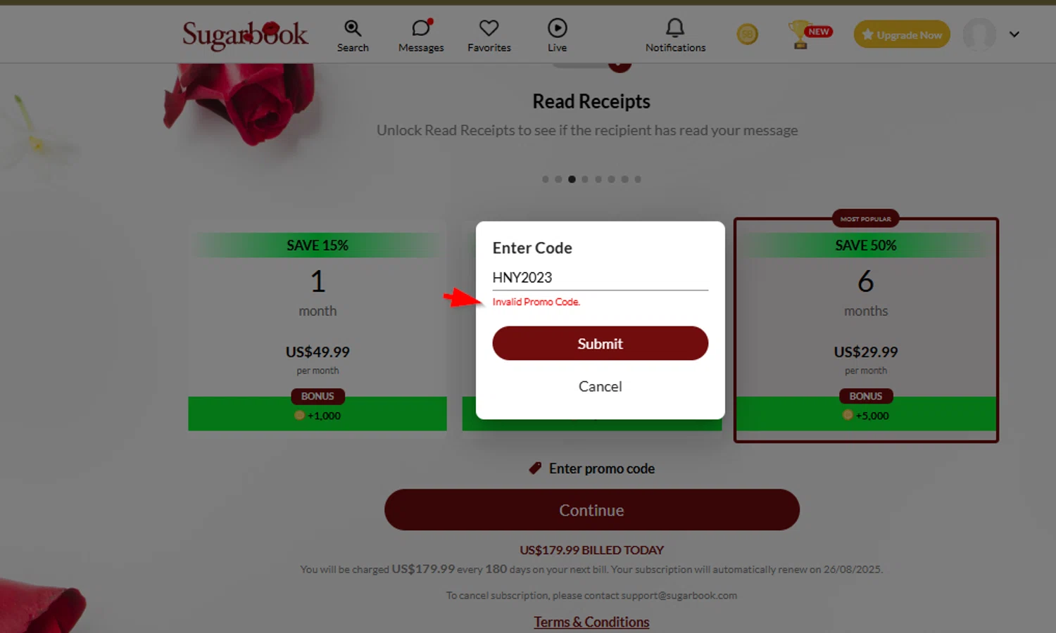 Sugarbook promo code screenshot showing code HNY2023 applied at Sugarbook checkout page. Uploaded by SimplyCodes community member SimplyCVerlie on Feb 26, 2025