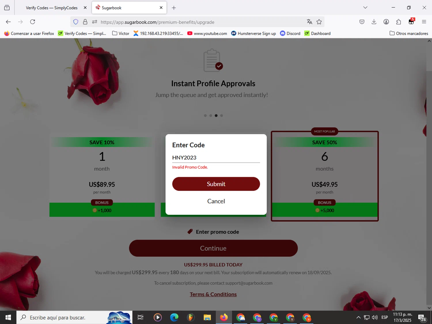 Sugarbook promo code screenshot showing code HNY2023 applied at Sugarbook checkout page. Uploaded by SimplyCodes community member Soyvictor on Mar 18, 2025