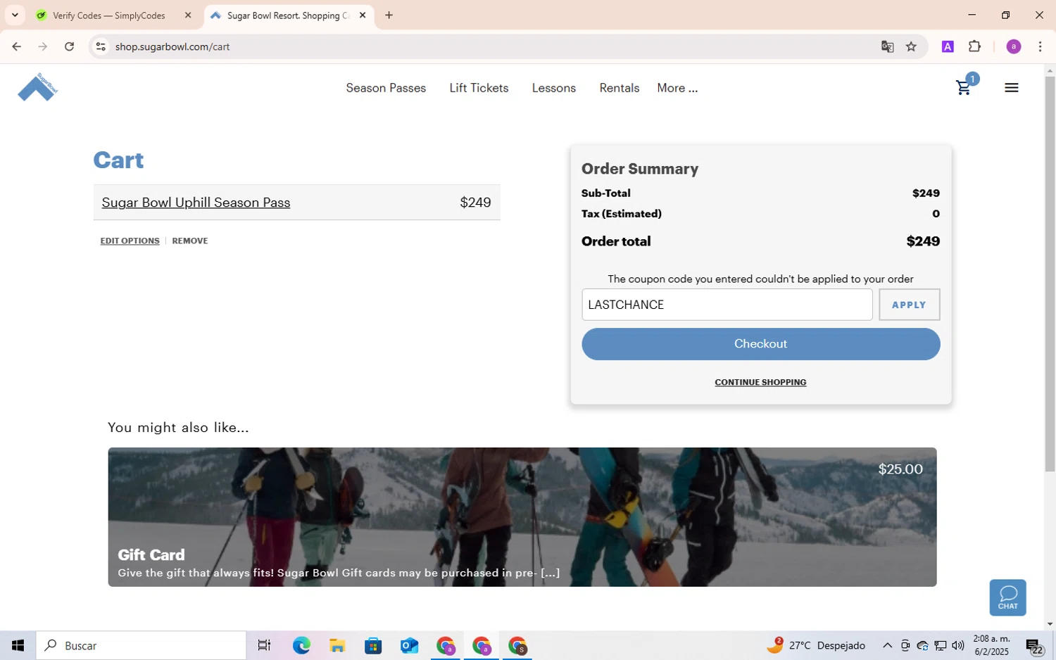 Sugar Bowl Resort checkout page showing Sugar Bowl Resort discount code box | Screenshot taken by SimplyCodes community member on Feb 6, 2025