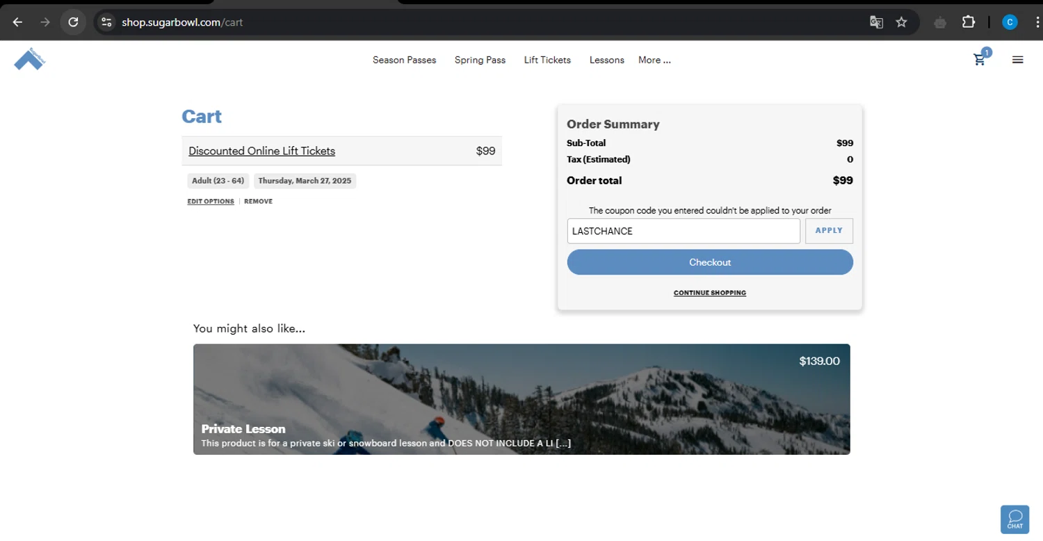 Sugar Bowl Resort discount code screenshot showing code LASTCHANCE applied at Sugar Bowl Resort checkout page. Uploaded by SimplyCodes community member PromoBoss9319 on Mar 26, 2025