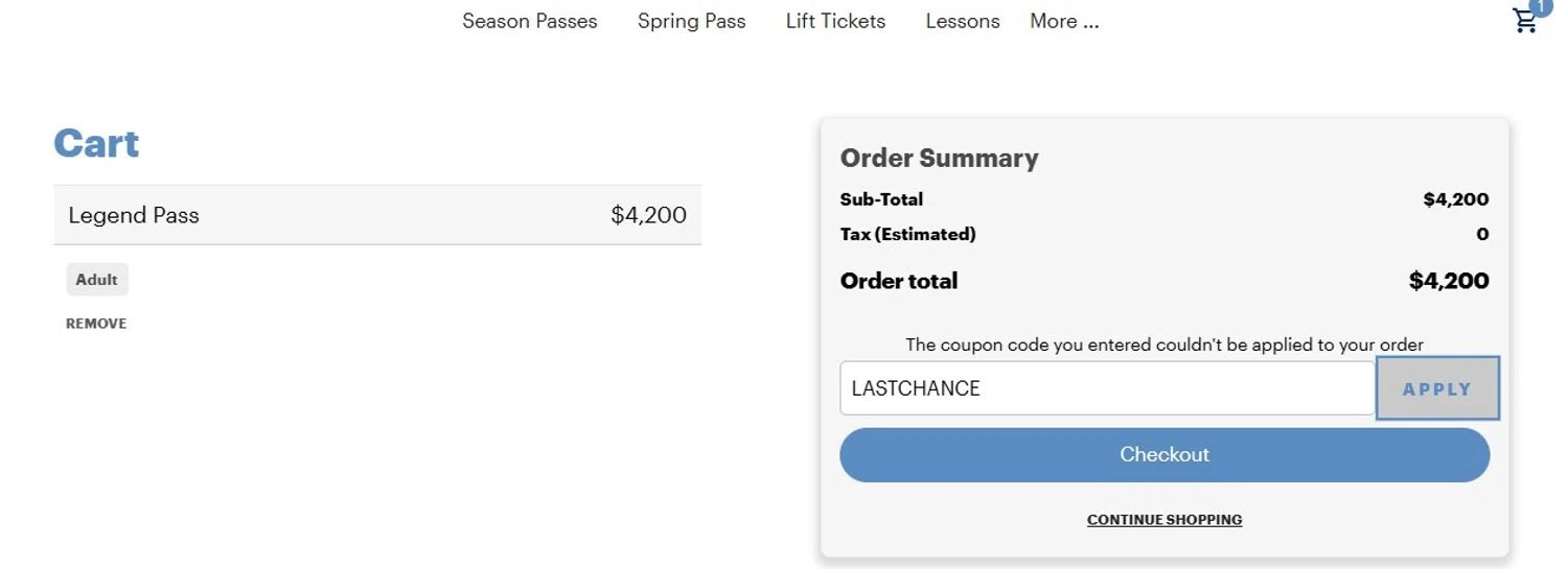 Sugar Bowl Resort checkout page showing Sugar Bowl Resort discount code box | Screenshot taken by SimplyCodes community member on Mar 23, 2025