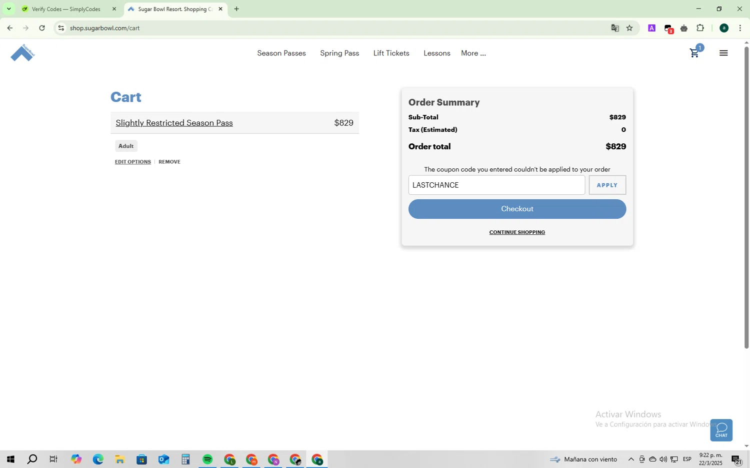 Sugar Bowl Resort discount code screenshot showing code LASTCHANCE applied at Sugar Bowl Resort checkout page. Uploaded by SimplyCodes community member ShrewdSaver6443 on Mar 23, 2025
