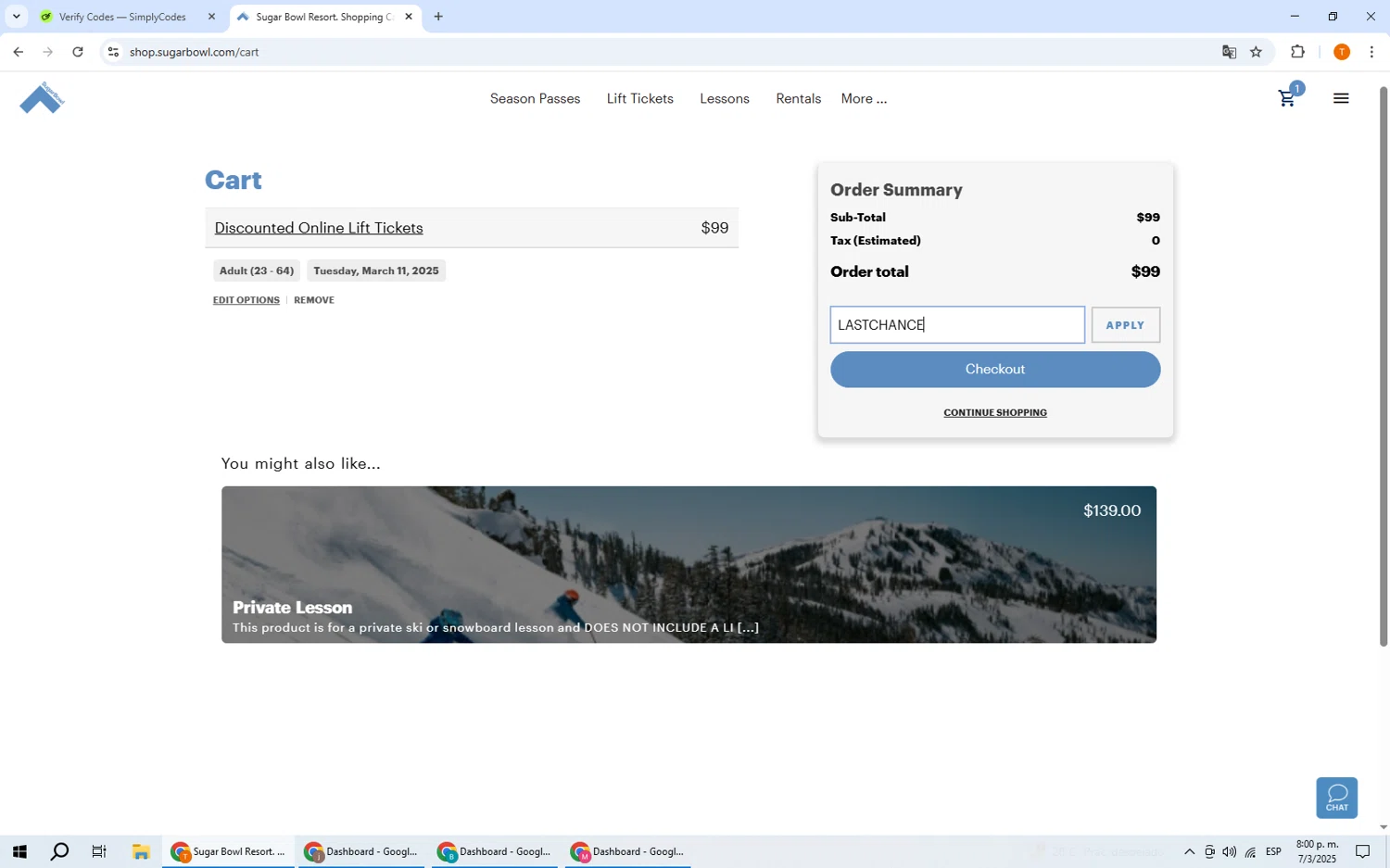 Sugar Bowl Resort checkout page showing Sugar Bowl Resort discount code box | Screenshot taken by SimplyCodes community member on Mar 8, 2025