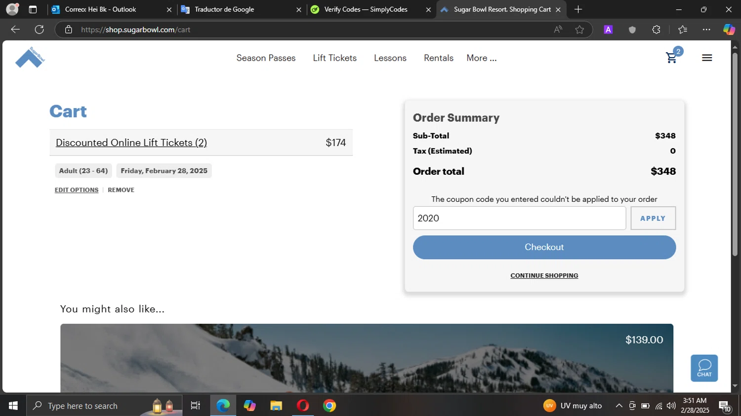 Sugar Bowl Resort discount code screenshot showing code 2020 applied at Sugar Bowl Resort checkout page. Uploaded by SimplyCodes community member Metal02Truck on Feb 28, 2025