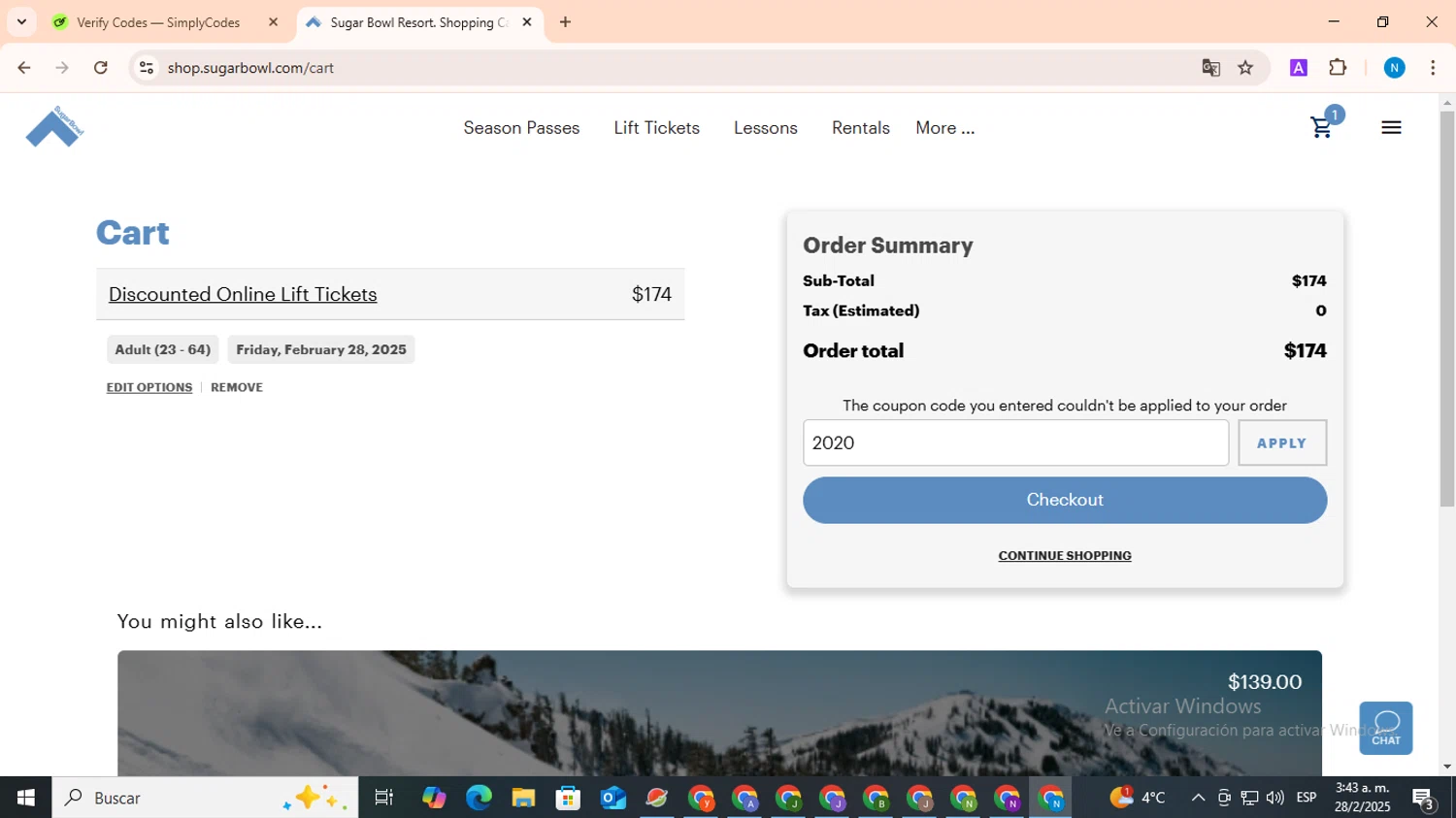 Sugar Bowl Resort discount code screenshot showing code 2020 applied at Sugar Bowl Resort checkout page. Uploaded by SimplyCodes community member CoinHawk678 on Feb 28, 2025