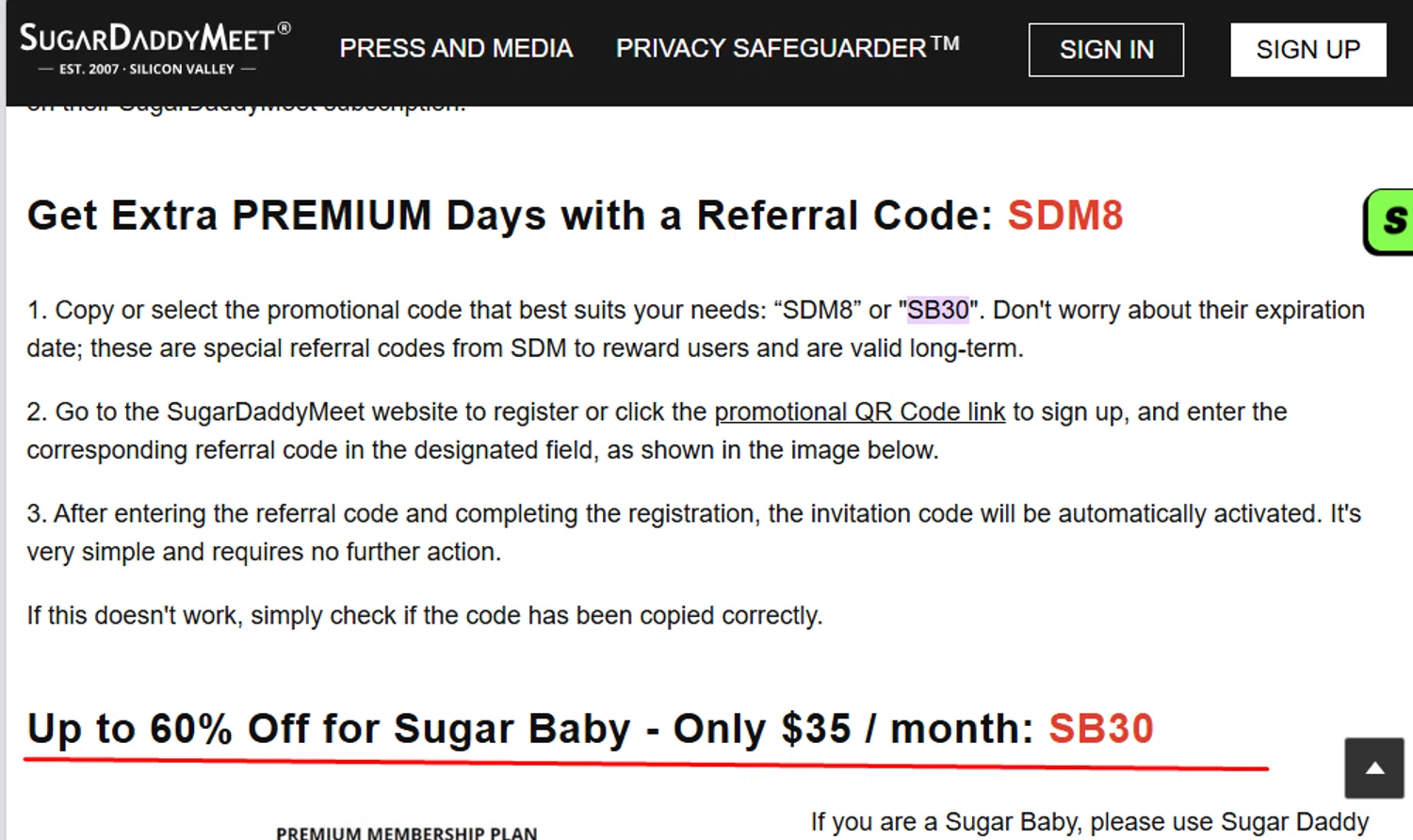 SugarDaddyMeet promo code screenshot showing code SB30 applied at SugarDaddyMeet checkout page. Uploaded by SimplyCodes community member morella687 on Jan 14, 2026