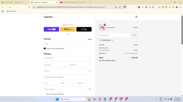 Sugardoh checkout page showing Sugardoh discount code box | Screenshot taken by SimplyCodes community member on Aug 27, 2025
