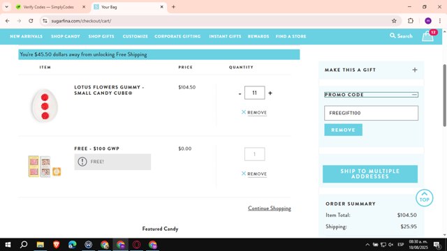 Sugarfina checkout page showing Sugarfina promo code box | Screenshot taken by SimplyCodes community member on Aug 18, 2025