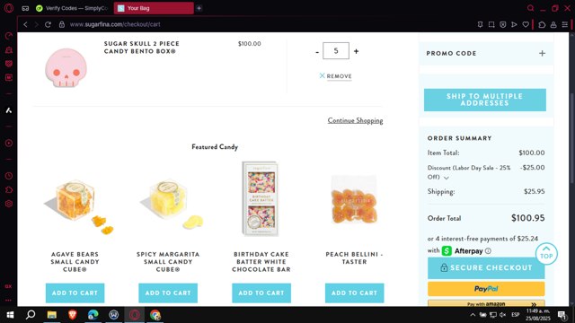 Sugarfina checkout page showing Sugarfina promo code box | Screenshot taken by SimplyCodes community member on Aug 25, 2025