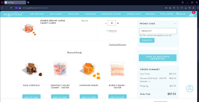 Sugarfina checkout page showing Sugarfina promo code box | Screenshot taken by SimplyCodes community member on Sep 4, 2025