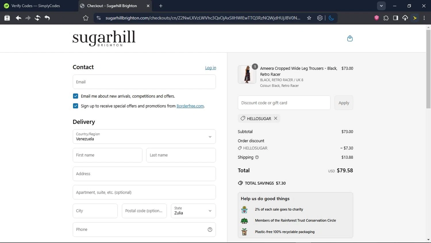 Sugarhill Brighton promo code screenshot showing code HELLOSUGAR applied at Sugarhill Brighton checkout page. Uploaded by SimplyCodes community member DealVirtuoso2241 on Jun 24, 2025