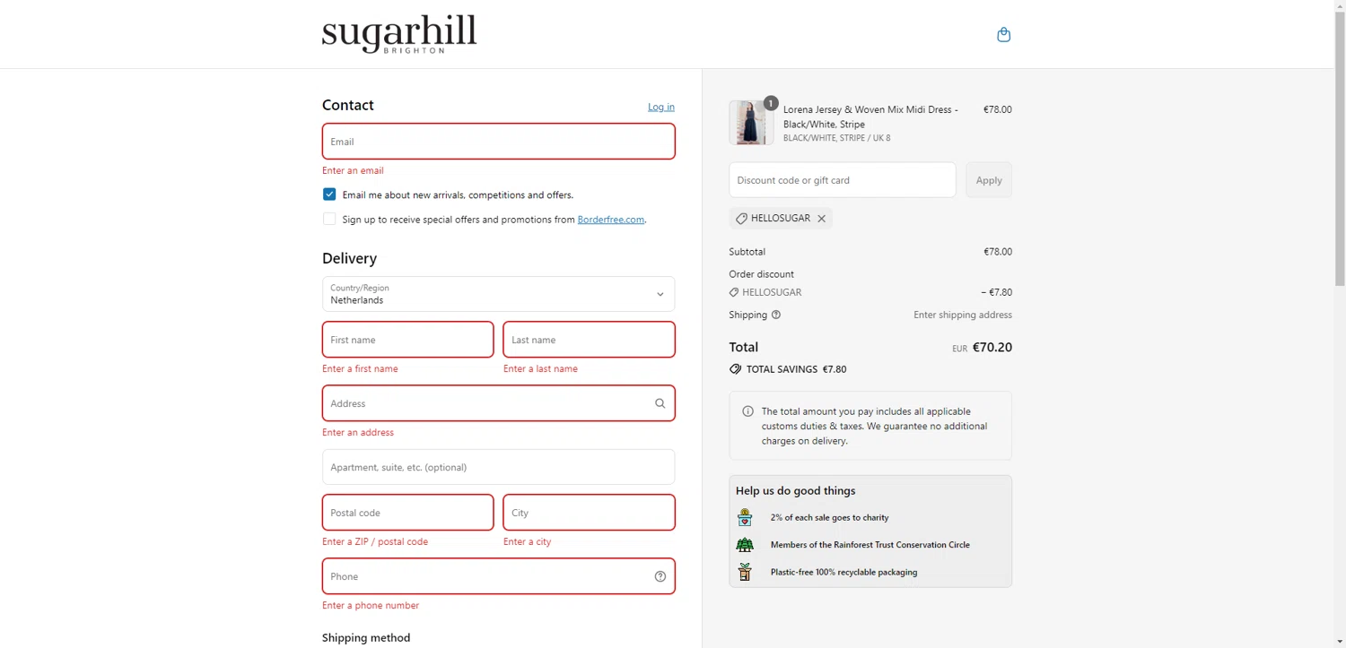 Sugarhill Brighton promo code screenshot showing code HELLOSUGAR applied at Sugarhill Brighton checkout page. Uploaded by SimplyCodes community member RewardTitan728 on Jul 22, 2025