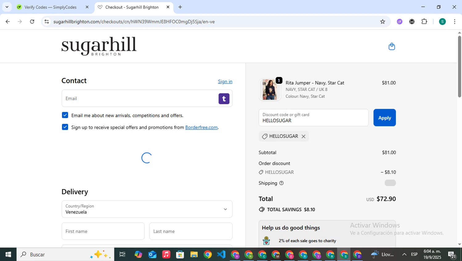 Sugarhill Brighton promo code screenshot showing code HELLOSUGAR applied at Sugarhill Brighton checkout page. Uploaded by SimplyCodes community member VictoriousPilot5281 on Sep 19, 2025