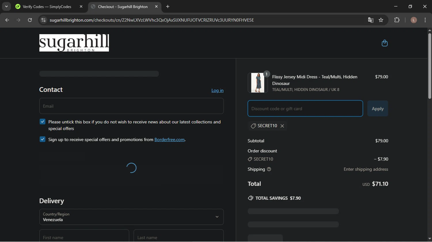Sugarhill Brighton promo code screenshot showing code SECRET10 applied at Sugarhill Brighton checkout page. Uploaded by SimplyCodes community member BENELLI on Apr 15, 2025