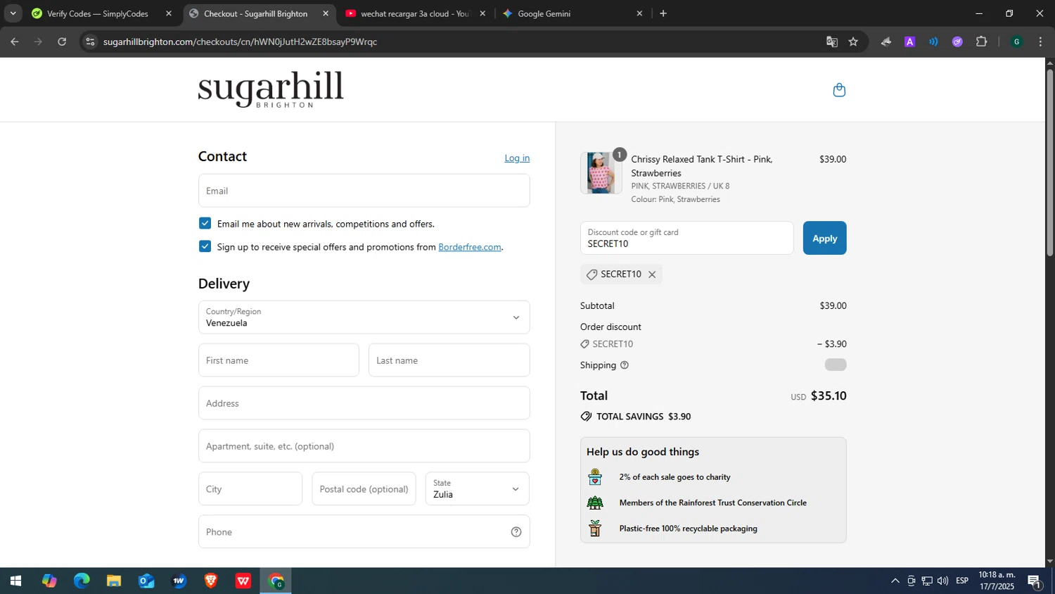 Sugarhill Brighton promo code screenshot showing code SECRET10 applied at Sugarhill Brighton checkout page. Uploaded by SimplyCodes community member GOJOSATURO on Jul 17, 2025