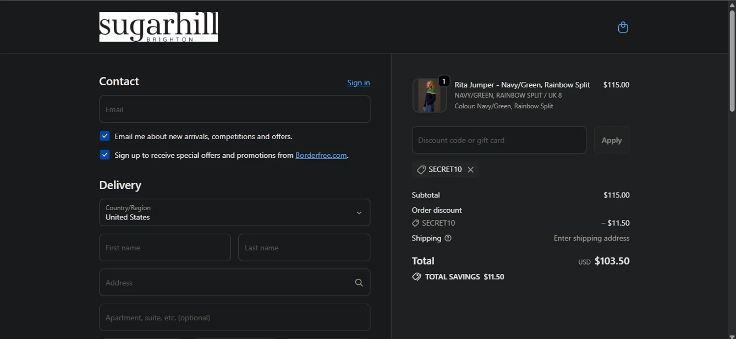 Sugarhill Brighton promo code screenshot showing code SECRET10 applied at Sugarhill Brighton checkout page. Uploaded by SimplyCodes community member Nicoletorres on Oct 1, 2025