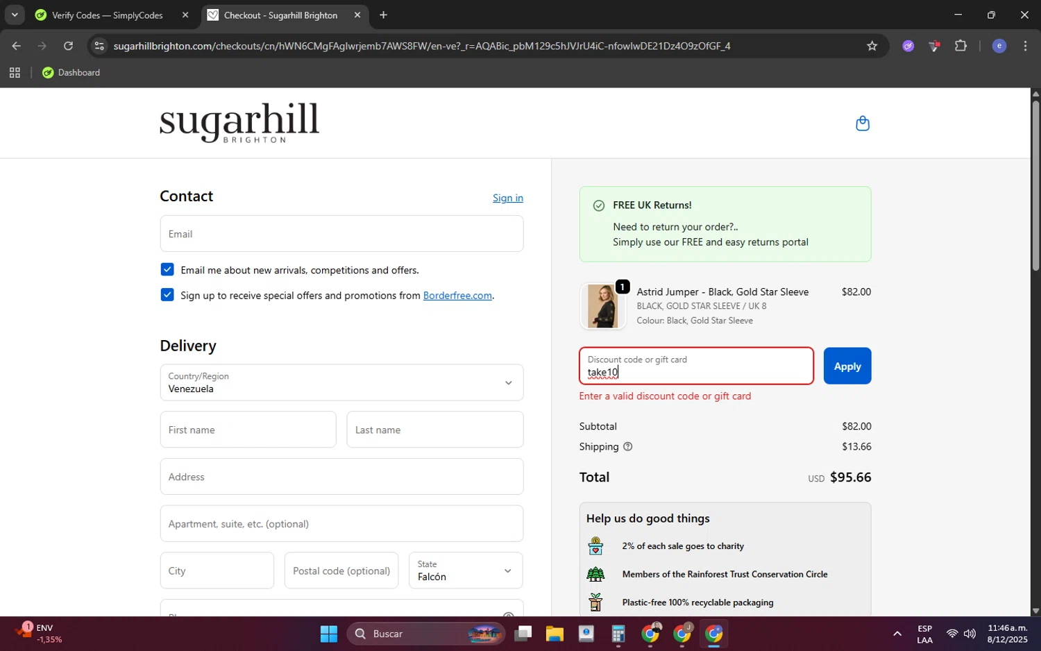 Sugarhill Brighton promo code screenshot showing code take10 applied at Sugarhill Brighton checkout page. Uploaded by SimplyCodes community member Eliot_force on Dec 8, 2025
