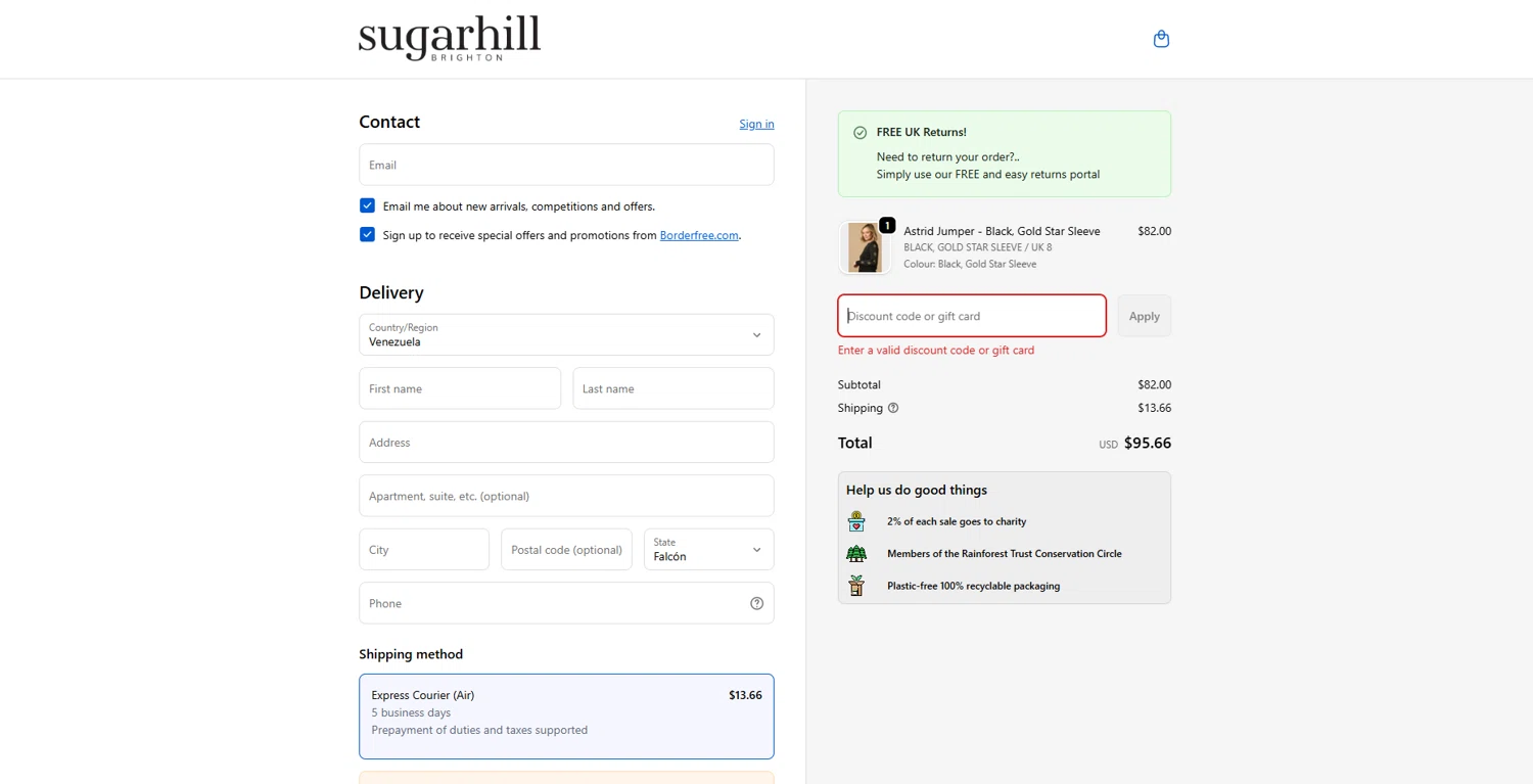 Sugarhill Brighton promo code screenshot showing code take10 applied at Sugarhill Brighton checkout page. Uploaded by SimplyCodes community member brrrrr on Dec 8, 2025