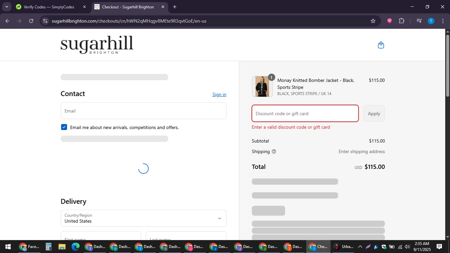 Sugarhill Brighton promo code screenshot showing code FINAL10 applied at Sugarhill Brighton checkout page. Uploaded by SimplyCodes community member LuckyPioneer4530 on Sep 11, 2025
