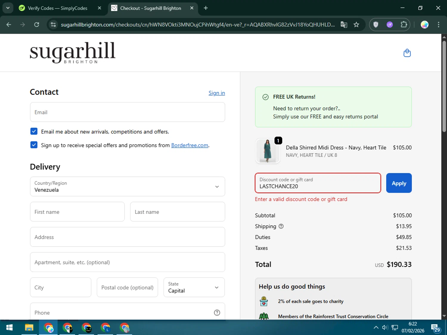 Sugarhill Brighton promo code screenshot showing code LASTCHANCE20 applied at Sugarhill Brighton checkout page. Uploaded by SimplyCodes community member Estrellitacoairis on Feb 7, 2026
