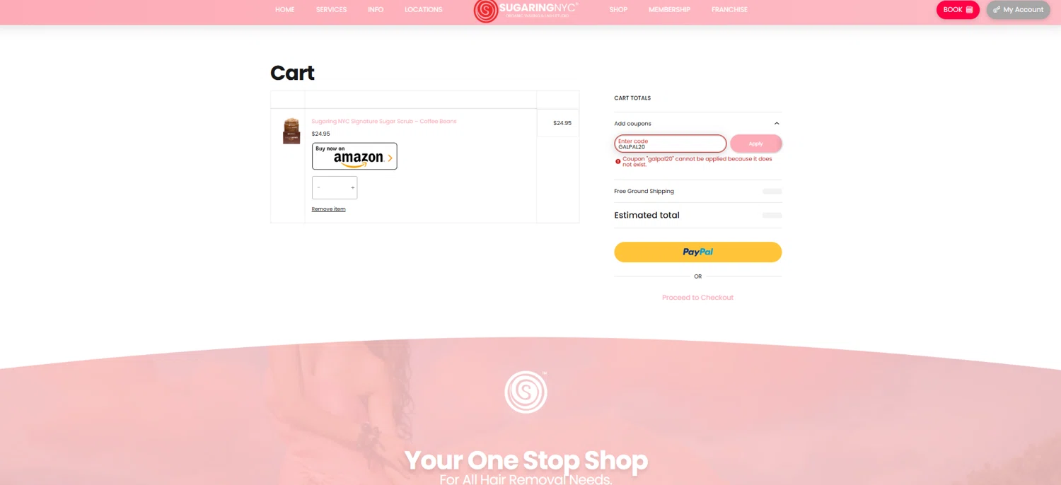 Sugaring NYC promo code screenshot showing code GALPAL20 applied at Sugaring NYC checkout page. Uploaded by SimplyCodes community member reggiesmith on Feb 27, 2026