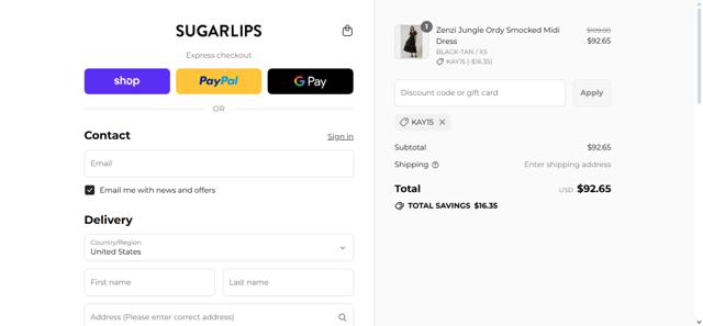 Sugarlips checkout page showing Sugarlips coupon code box | Screenshot taken by SimplyCodes community member on Sep 13, 2025