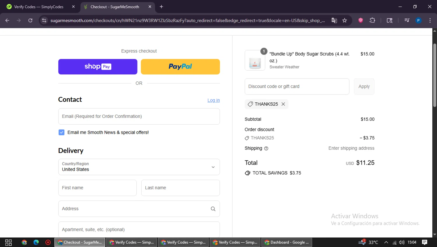 Sugar Me Smooth promo code screenshot showing code THANKS25 applied at Sugar Me Smooth checkout page. Uploaded by SimplyCodes community member QuestExpert3096 on Aug 20, 2025