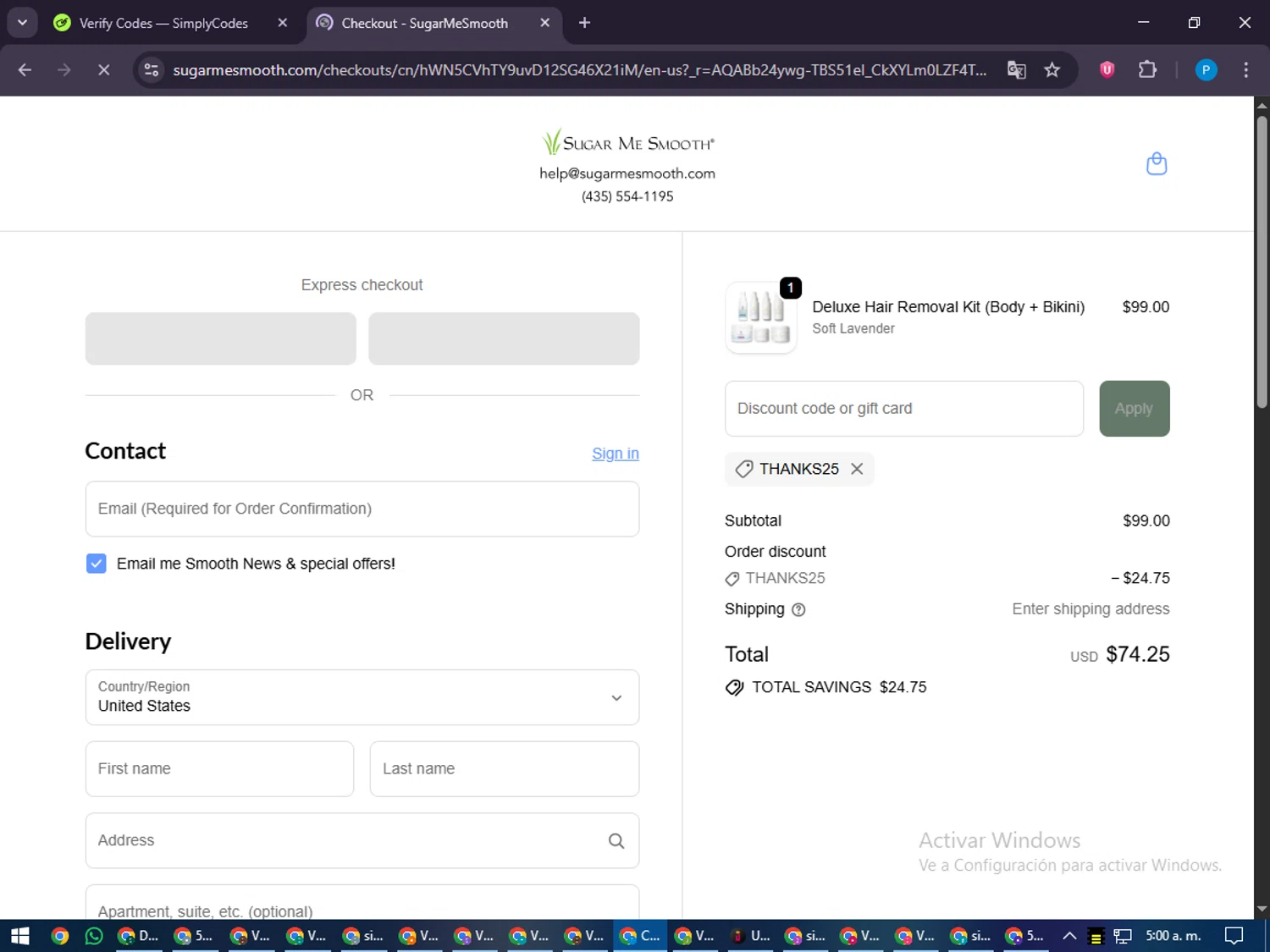 Sugar Me Smooth promo code screenshot showing code THANKS25 applied at Sugar Me Smooth checkout page. Uploaded by SimplyCodes community member juiceWRLD on Nov 12, 2025