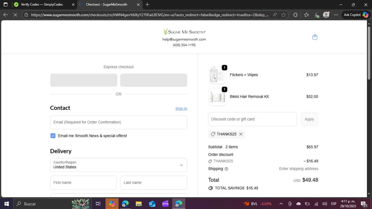 Sugar Me Smooth promo code screenshot showing code THANKS25 applied at Sugar Me Smooth checkout page. Uploaded by SimplyCodes community member swiftie on Oct 29, 2025