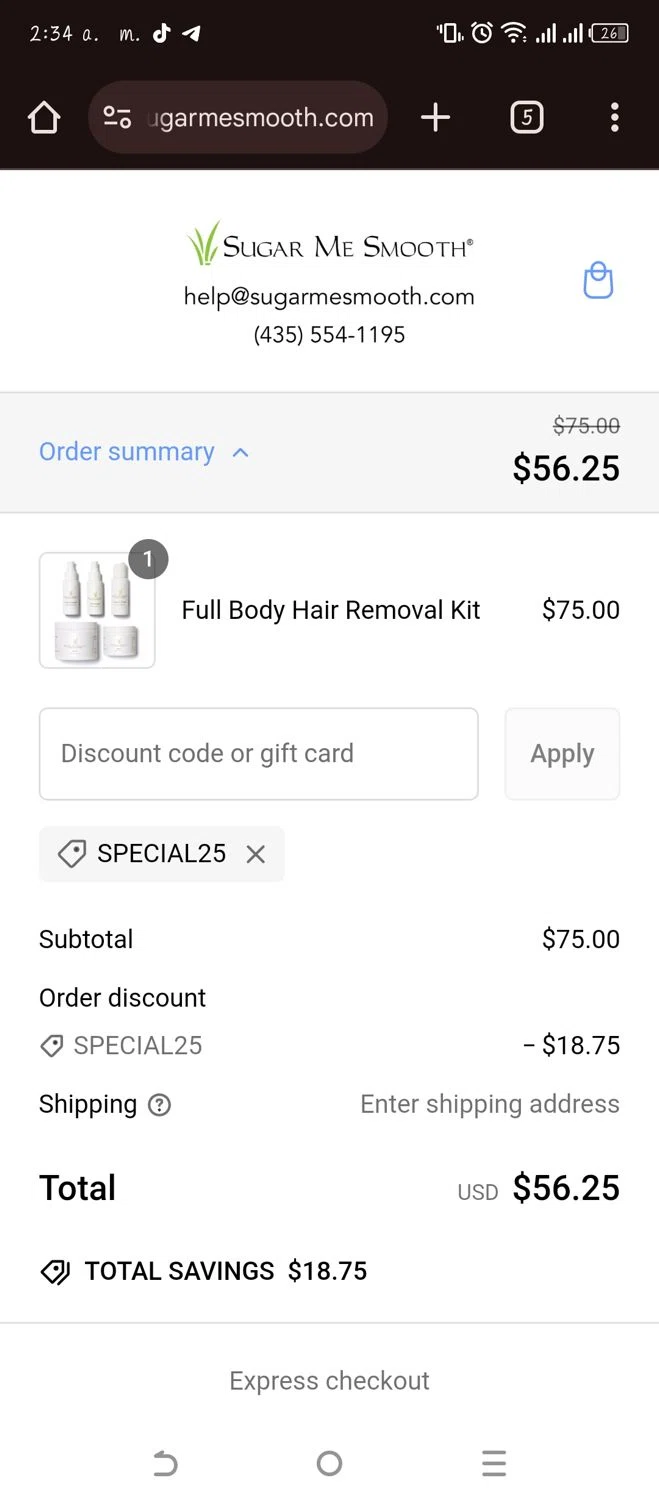 Sugar Me Smooth promo code screenshot showing code SPECIAL25 applied at Sugar Me Smooth checkout page. Uploaded by SimplyCodes community member WonderW on Feb 2, 2025