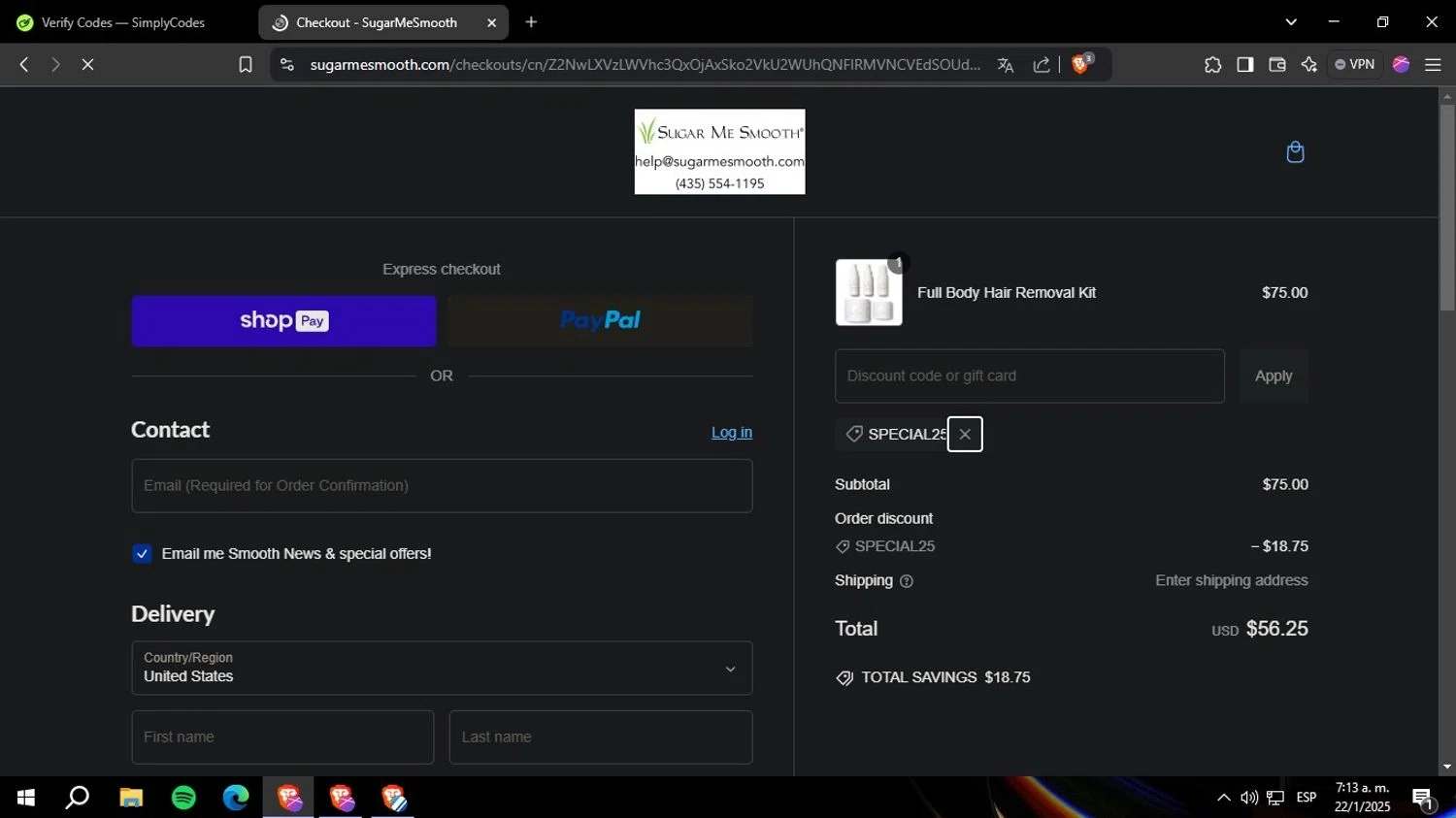 Sugar Me Smooth promo code screenshot showing code SPECIAL25 applied at Sugar Me Smooth checkout page. Uploaded by SimplyCodes community member Yoseff_3 on Jan 22, 2025